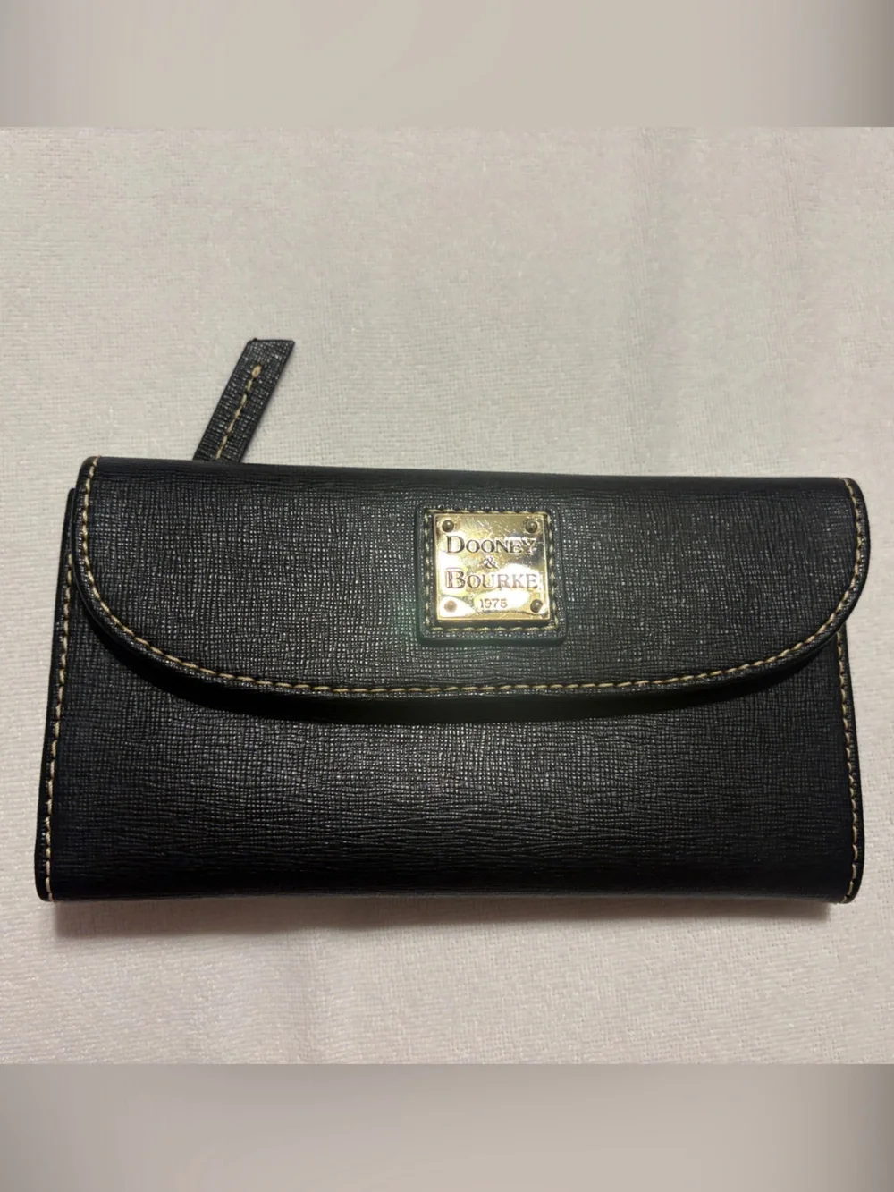 Dooney & Bourke Black Leather Folio Phone Wallet with Gold Plaque